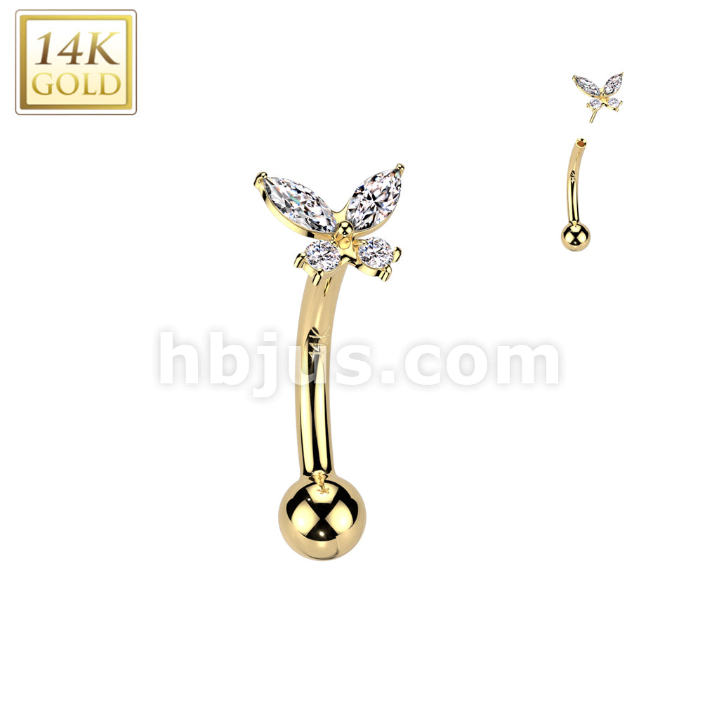 14K Gold Threadless Push In Curved Eyebrow Barbell With CZ Butterfly Top - Image 3
