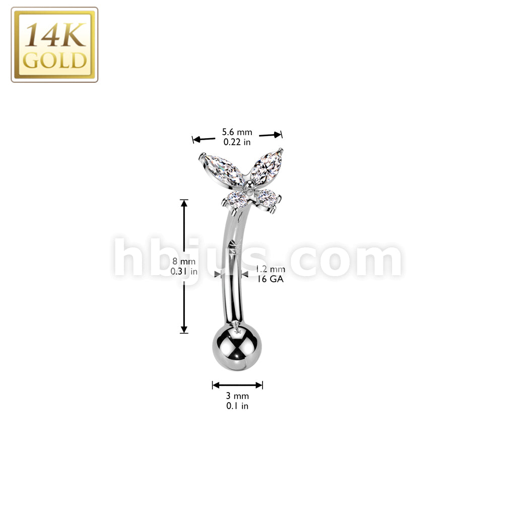 14K Gold Threadless Push In Curved Eyebrow Barbell With CZ Butterfly Top - Image 4