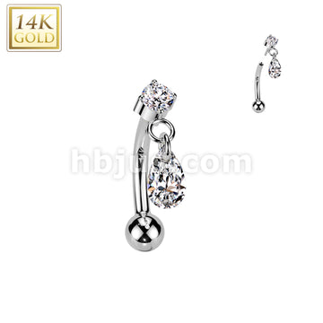 14K Gold Threadless Push In Curved Eyebrow Barbell With Teardrop CZ Dangle Top - Image 2