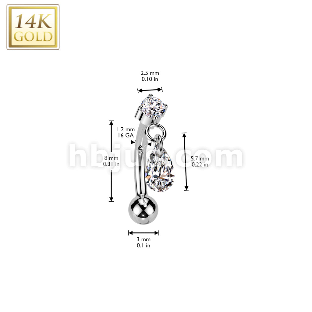 14K Gold Threadless Push In Curved Eyebrow Barbell With Teardrop CZ Dangle Top - Image 4