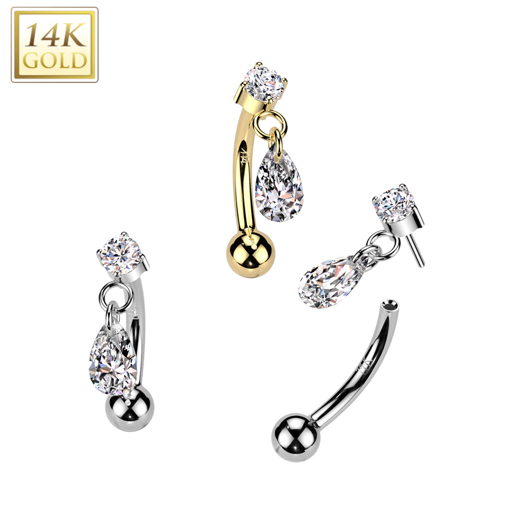 14K Gold Threadless Push In Curved Eyebrow Barbell With Teardrop CZ Dangle Top