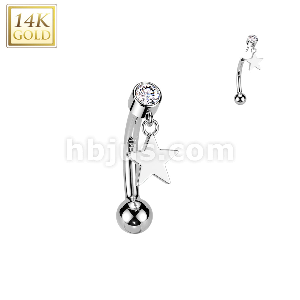 14K Gold Threadless Push In Curved Eyebrow Barbell With Bezel Set CZ Top And Star Dangle - Image 2