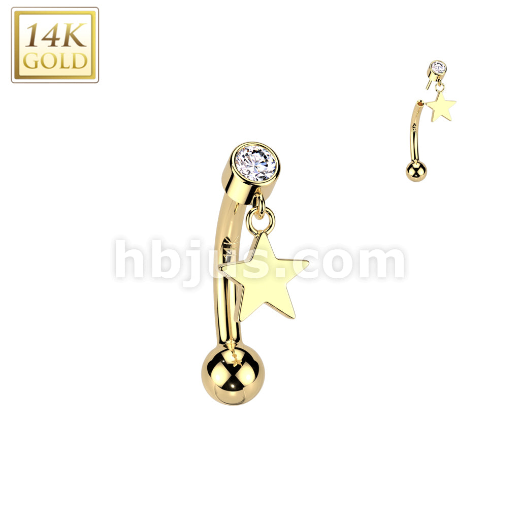 14K Gold Threadless Push In Curved Eyebrow Barbell With Bezel Set CZ Top And Star Dangle - Image 3