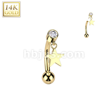 14K Gold Threadless Push In Curved Eyebrow Barbell With Bezel Set CZ Top And Star Dangle - Image 3