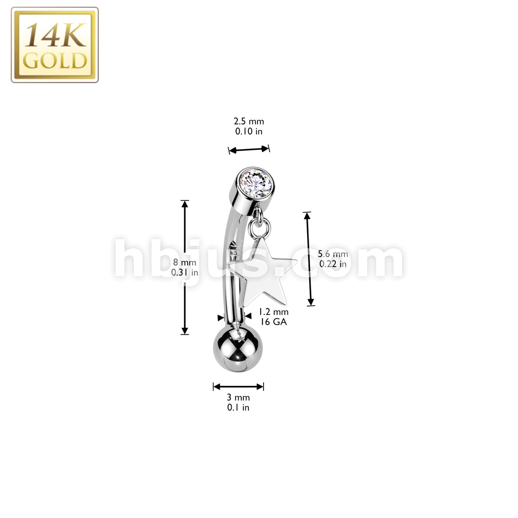 14K Gold Threadless Push In Curved Eyebrow Barbell With Bezel Set CZ Top And Star Dangle - Image 4