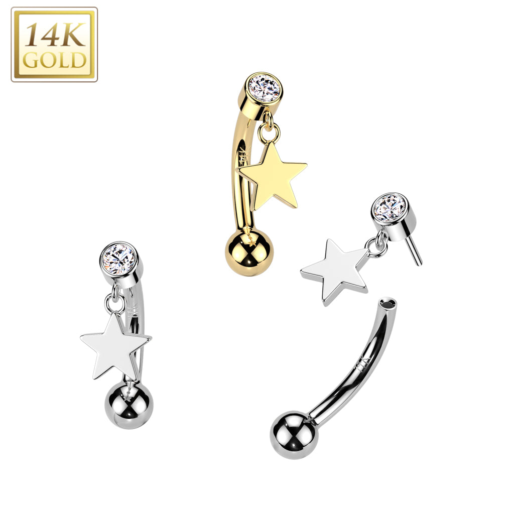 14K Gold Threadless Push In Curved Eyebrow Barbell With Bezel Set CZ Top And Star Dangle