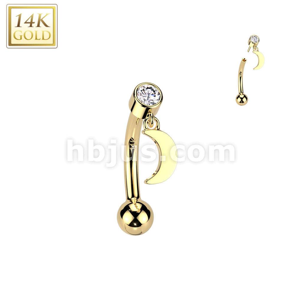 14K Gold Threadless Push In Curved Eyebrow Barbell With Bezel Set CZ Top And Crescent Moon Dangle - Image 3