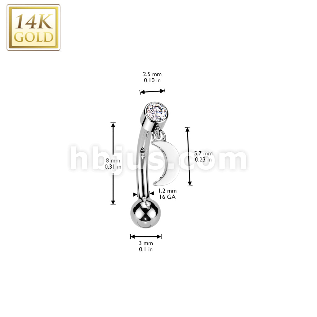 14K Gold Threadless Push In Curved Eyebrow Barbell With Bezel Set CZ Top And Crescent Moon Dangle - Image 4