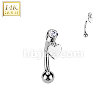 14K Gold Threadless Push In Curved Eyebrow Barbell With Bezel Set CZ Top And Heart Dangle - Image 2