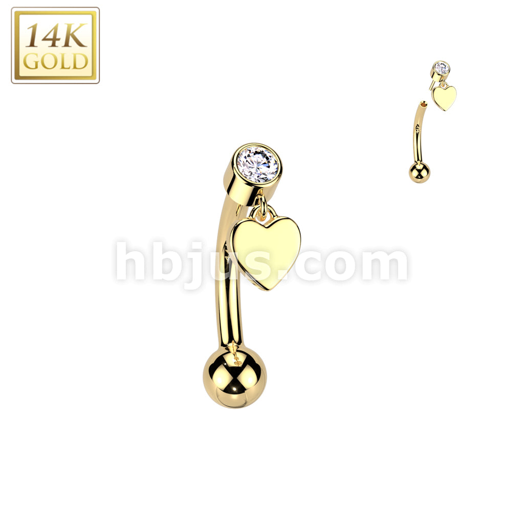 14K Gold Threadless Push In Curved Eyebrow Barbell With Bezel Set CZ Top And Heart Dangle - Image 3