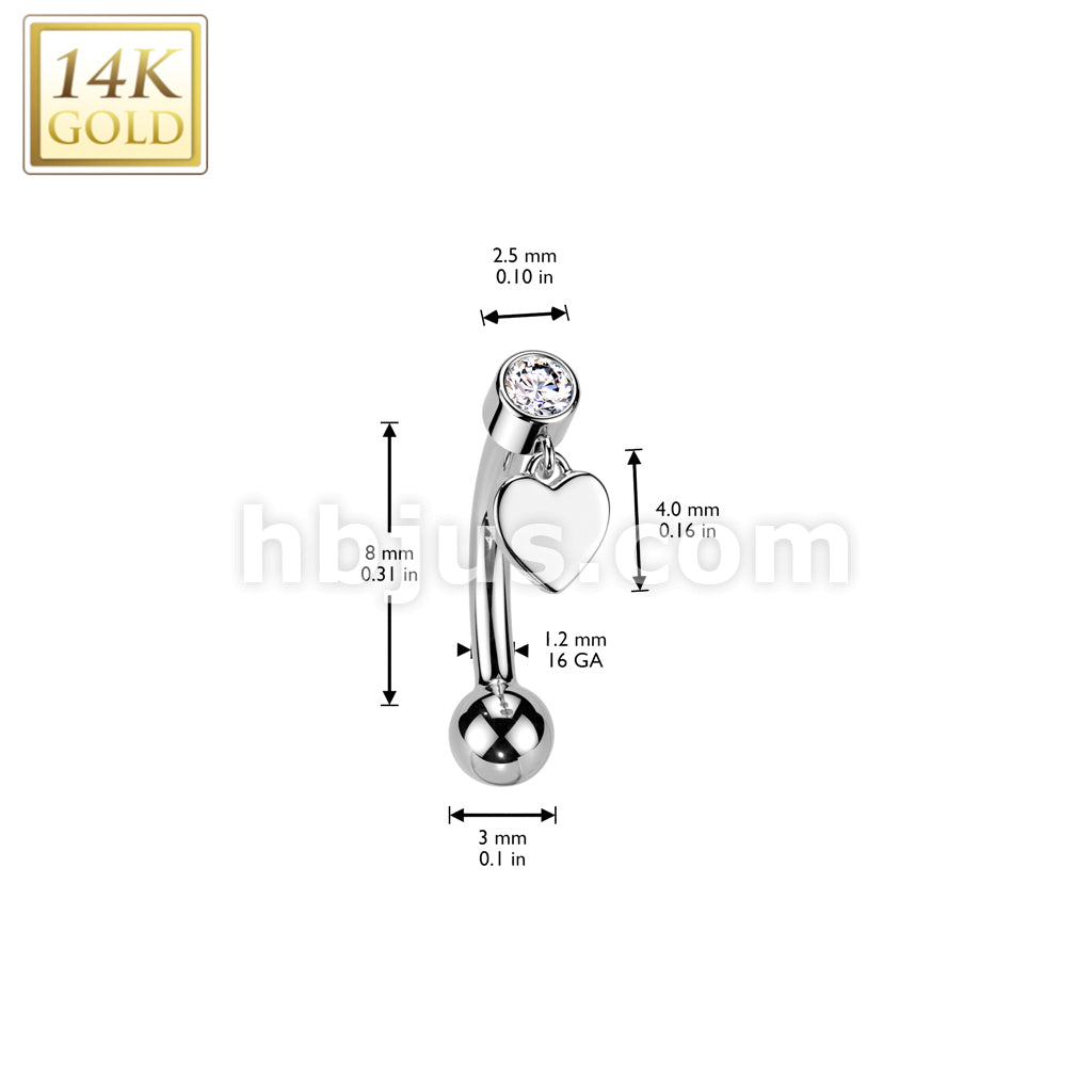 14K Gold Threadless Push In Curved Eyebrow Barbell With Bezel Set CZ Top And Heart Dangle - Image 4