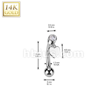 14K Gold Threadless Push In Curved Eyebrow Barbell With Bezel Set CZ Top And Heart Dangle - Image 4