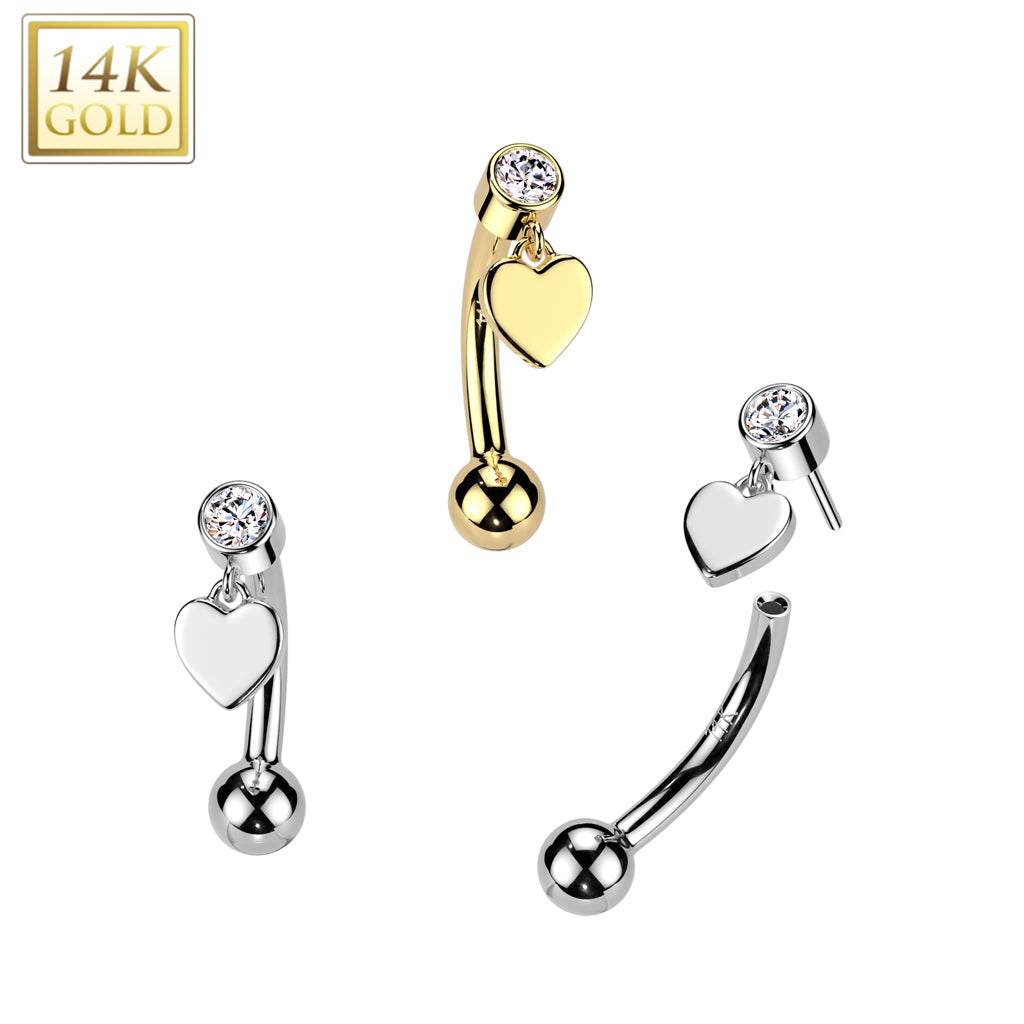 14K Gold Threadless Push In Curved Eyebrow Barbell With Bezel Set CZ Top And Heart Dangle