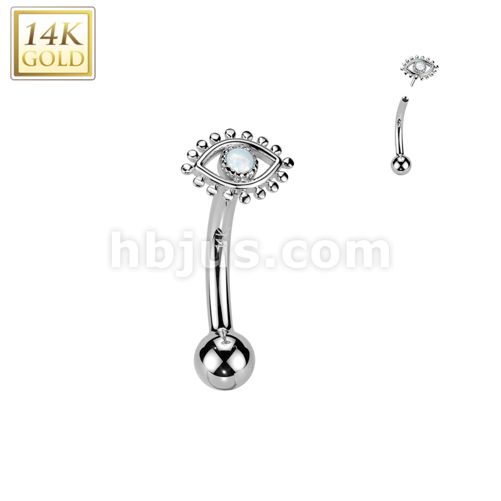 14K Gold Threadless Push In Curved Eyebrow Barbell With Opal Center Eye Top - Image 2