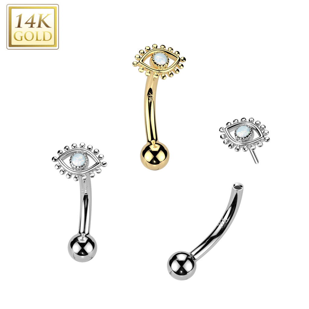14K Gold Threadless Push In Curved Eyebrow Barbell With Opal Center Eye Top