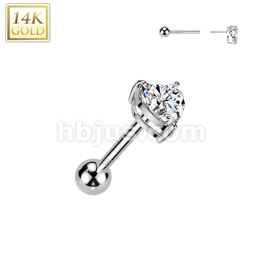 14K Gold Threadless Push-In Cartilage Barbell Stud With Prong Set Heart CZ Top - Image 2