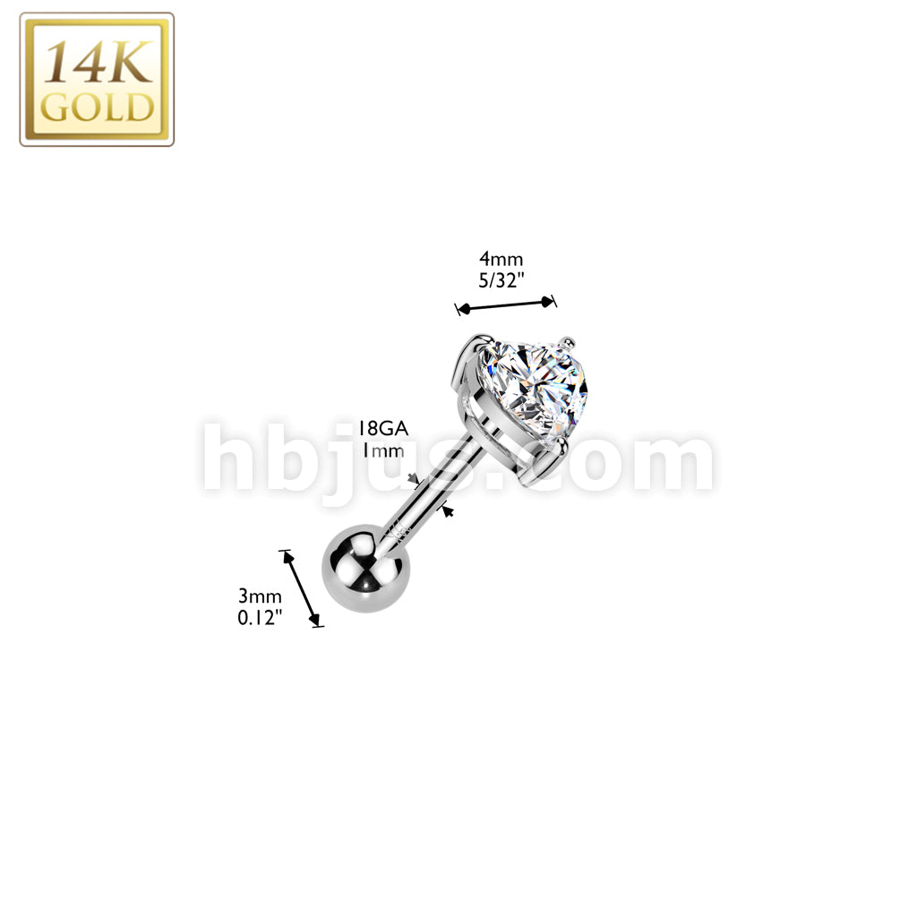 14K Gold Threadless Push-In Cartilage Barbell Stud With Prong Set Heart CZ Top - Image 4