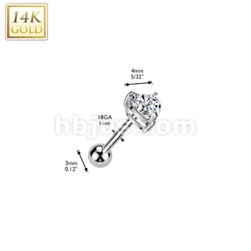 14K Gold Threadless Push-In Cartilage Barbell Stud With Prong Set Heart CZ Top - Image 4