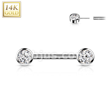 14K Gold Threadless Nipple Barbells with Round Bezel Set CZ Ends - Image 3