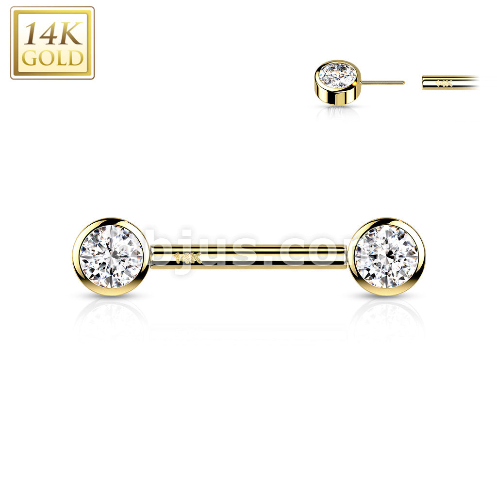 14K Gold Threadless Nipple Barbells with Round Bezel Set CZ Ends - Image 4