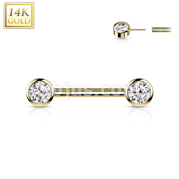 14K Gold Threadless Nipple Barbells with Round Bezel Set CZ Ends - Image 4