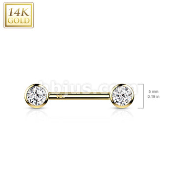 14K Gold Threadless Nipple Barbells with Round Bezel Set CZ Ends - Image 5