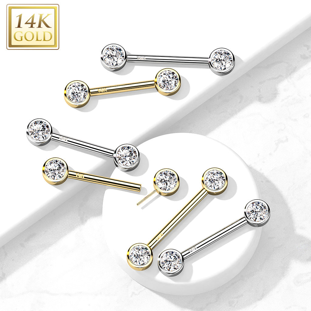 14KT Gold 14K Gold Threadless Nipple Barbells with Round Bezel Set CZ Ends