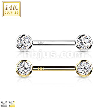 14K Gold Threadless Nipple Barbells with Round Bezel Set CZ Ends - Image 2