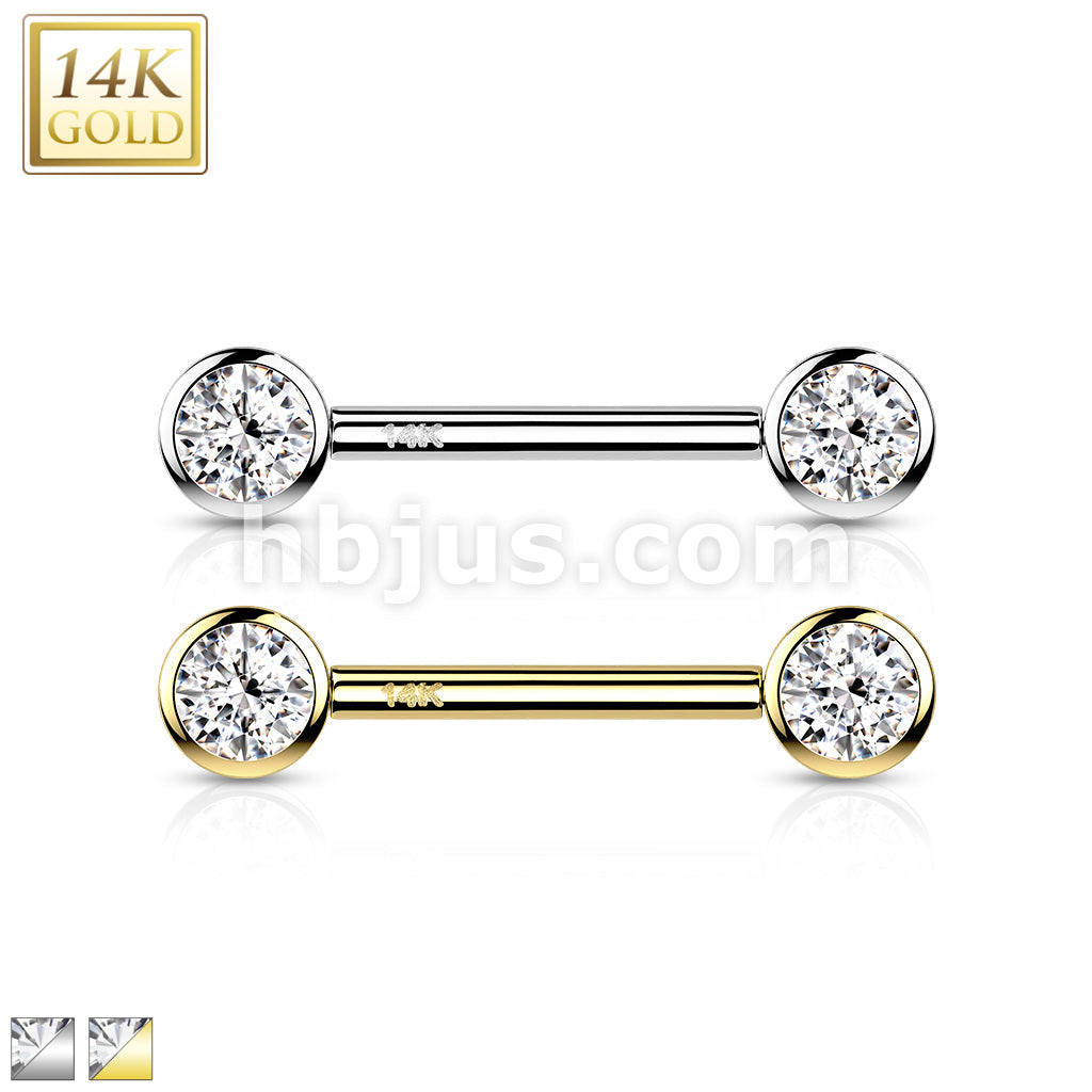 14KT  Gold 14K Gold Threadless Nipple Barbells with Round Bezel Set CZ Ends - Image 2