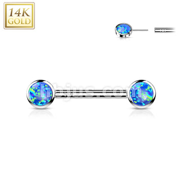14K Gold Threadless Nipple Barbells with Round Bezel Set Opa Ends - Image 3