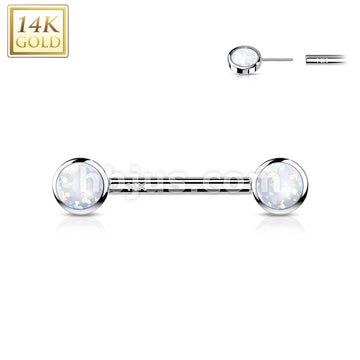 14KT  Gold 14K Gold Threadless Nipple Barbells with Round Bezel Set Opa... - Image 4