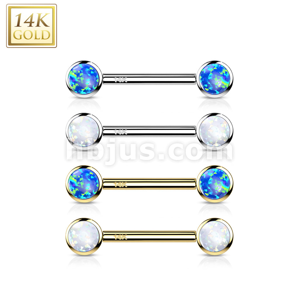 14K Gold Threadless Nipple Barbells with Round Bezel Set Opa Ends - Image 8