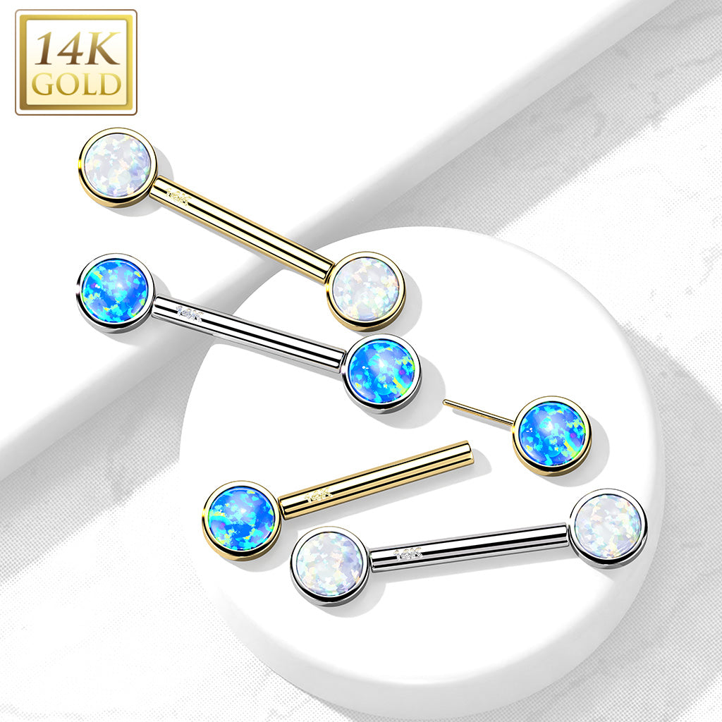 14K Gold Threadless Nipple Barbells with Round Bezel Set Opa Ends