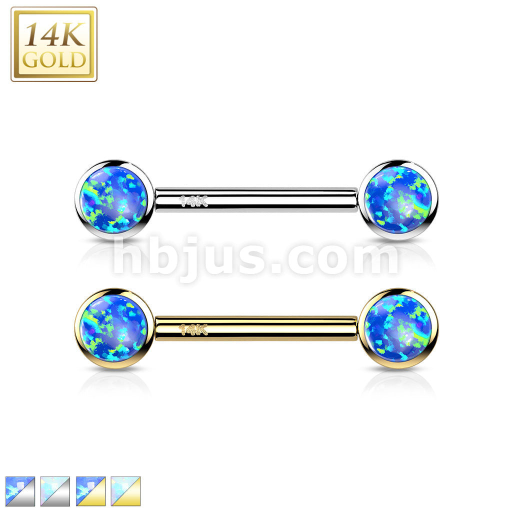 14K Gold Threadless Nipple Barbells with Round Bezel Set Opa Ends - Image 2