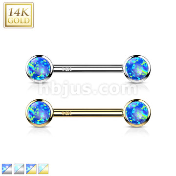 14K Gold Threadless Nipple Barbells with Round Bezel Set Opa Ends - Image 2