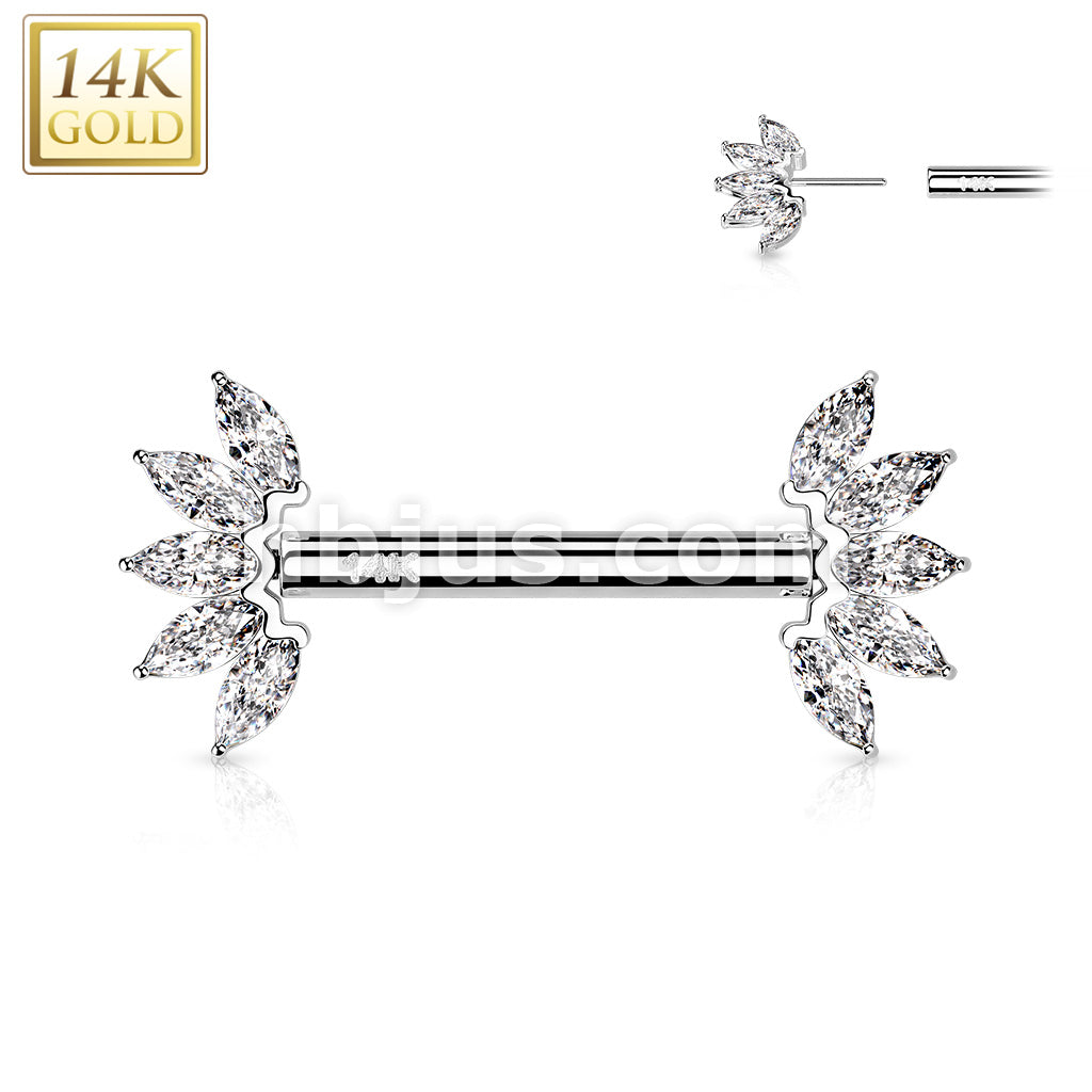 14K Gold Threadless Nipple Barbells with 5-Marquise CZ Set FanEnds - Image 2