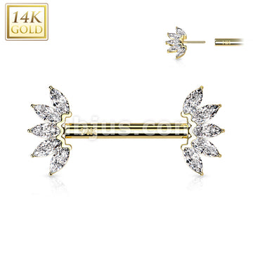 14K Gold Threadless Nipple Barbells with 5-Marquise CZ Set FanEnds - Image 3