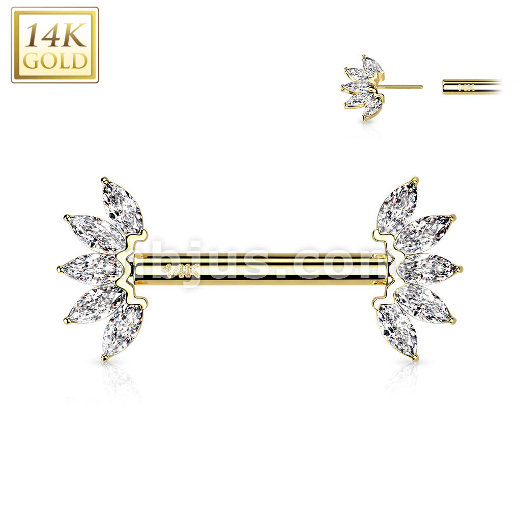 14KT  Gold 14K Gold Threadless Nipple Barbells with 5-Marquise CZ Set... - Image 3