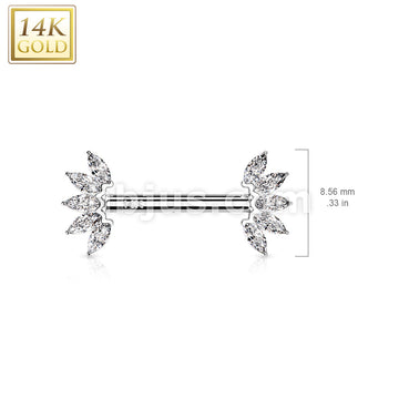 14K Gold Threadless Nipple Barbells with 5-Marquise CZ Set FanEnds - Image 4