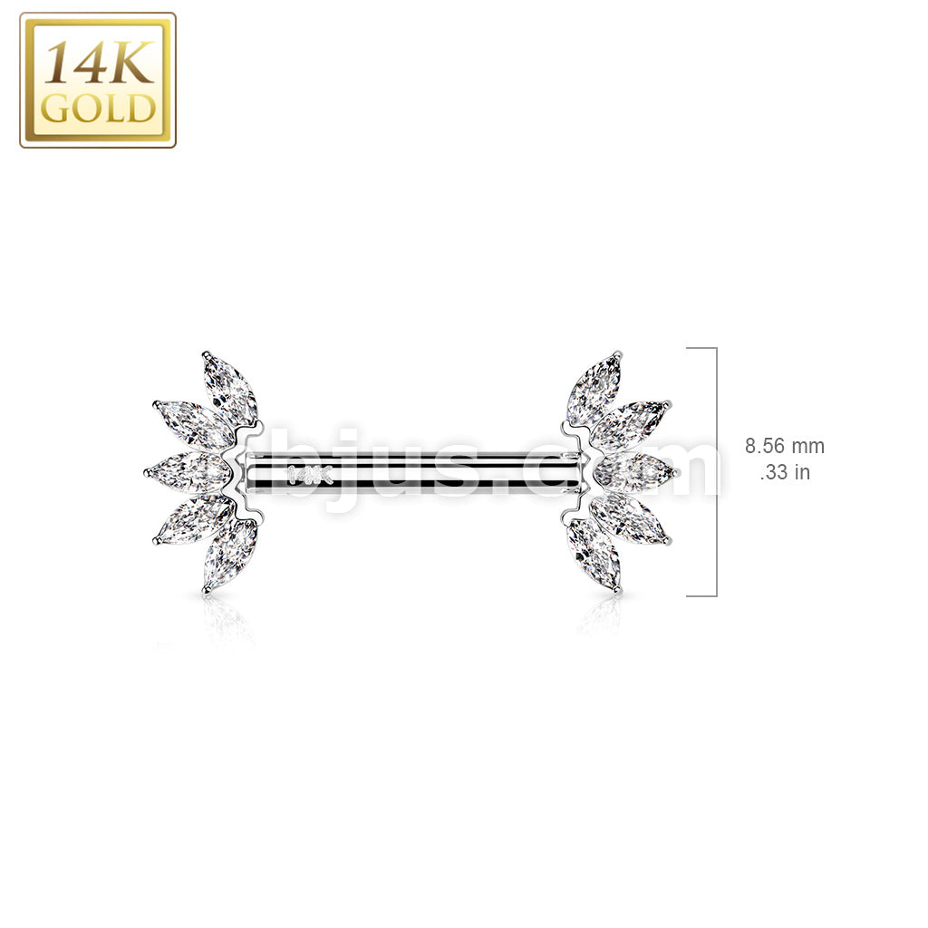 14KT  Gold 14K Gold Threadless Nipple Barbells with 5-Marquise CZ Set... - Image 4