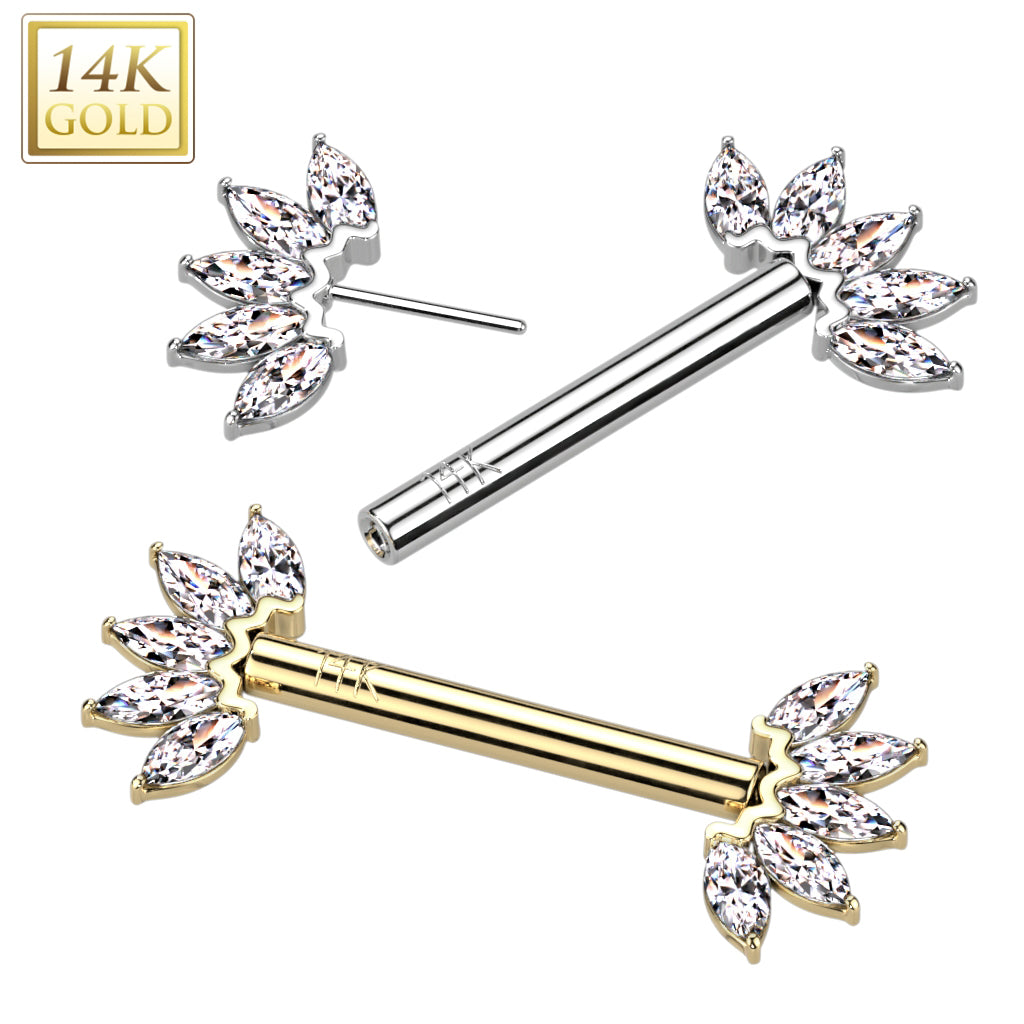 14KT Gold 14K Gold Threadless Nipple Barbells with 5-Marquise CZ Set...