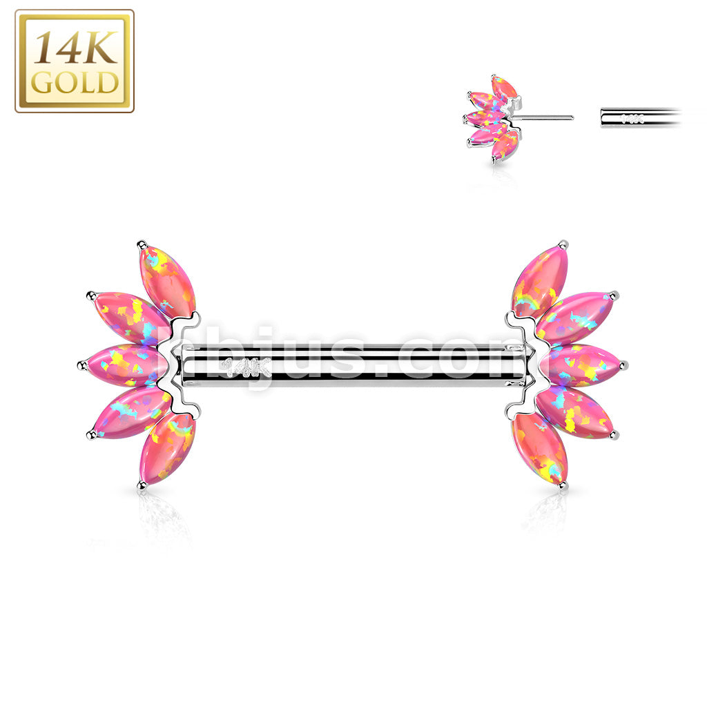 14K Gold Threadless Nipple Barbells with 5-Marquise Opa Set Fan Ends - Image 5