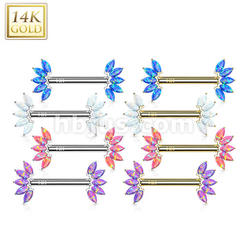 14K Gold Threadless Nipple Barbells with 5-Marquise Opa Set Fan Ends - Image 12