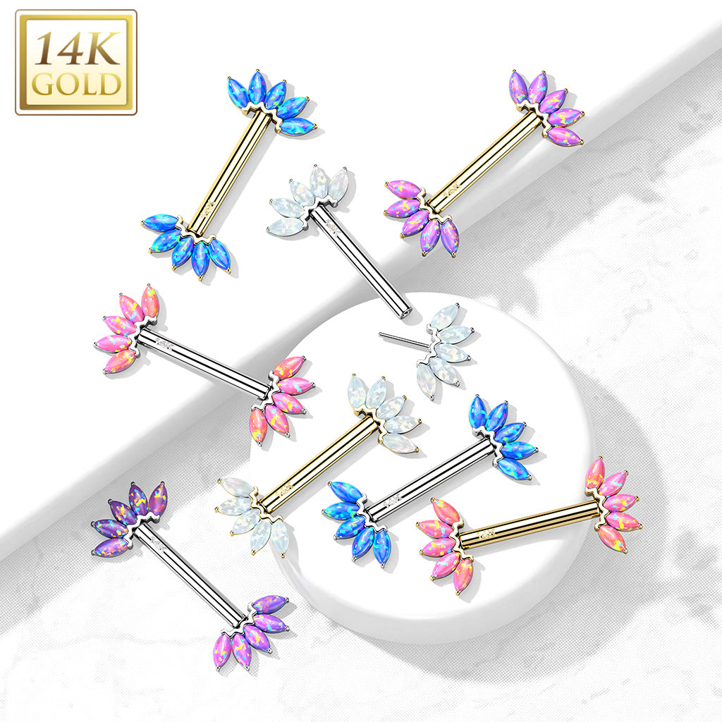 14KT Gold 14K Gold Threadless Nipple Barbells with 5-Marquise Opa Set...