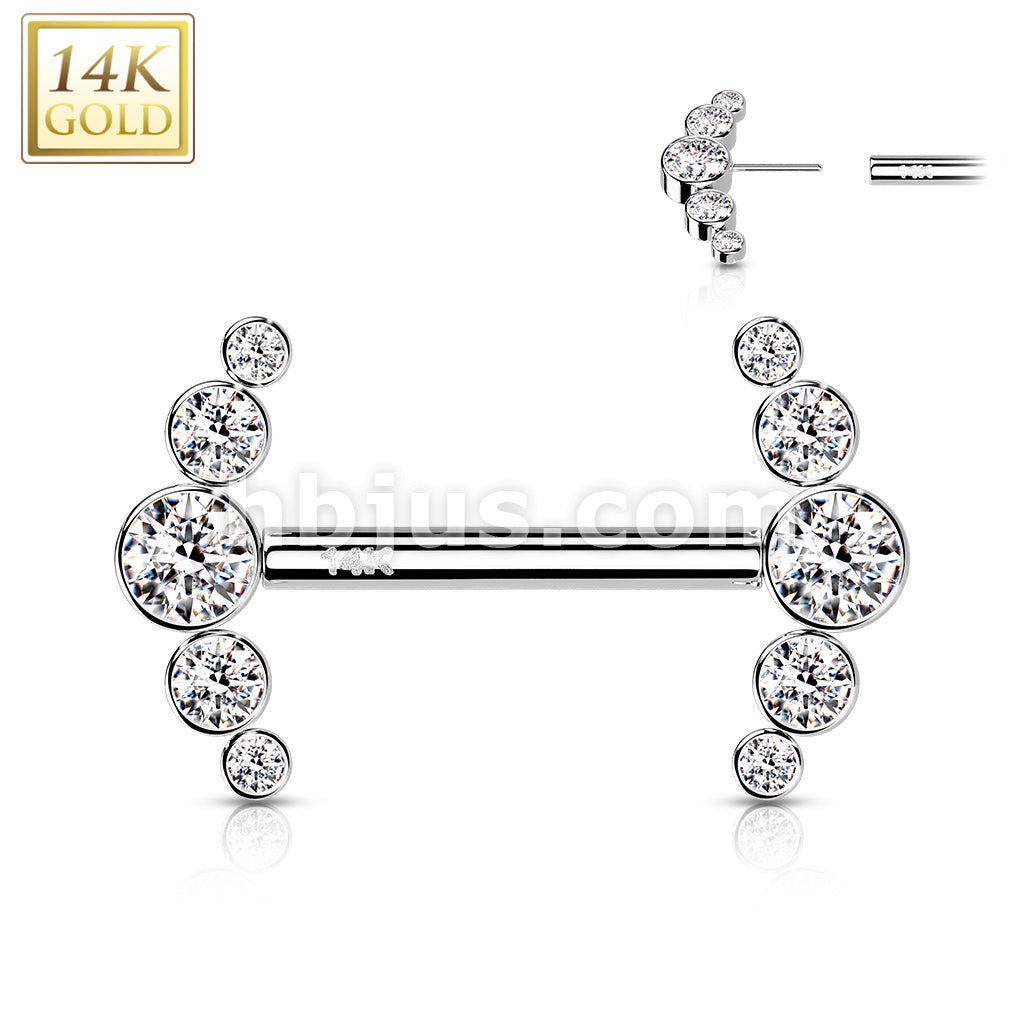 14KT  Gold 14K Gold Threadless Nipple Barbells with 5-Round CZ Bezel... - Image 3