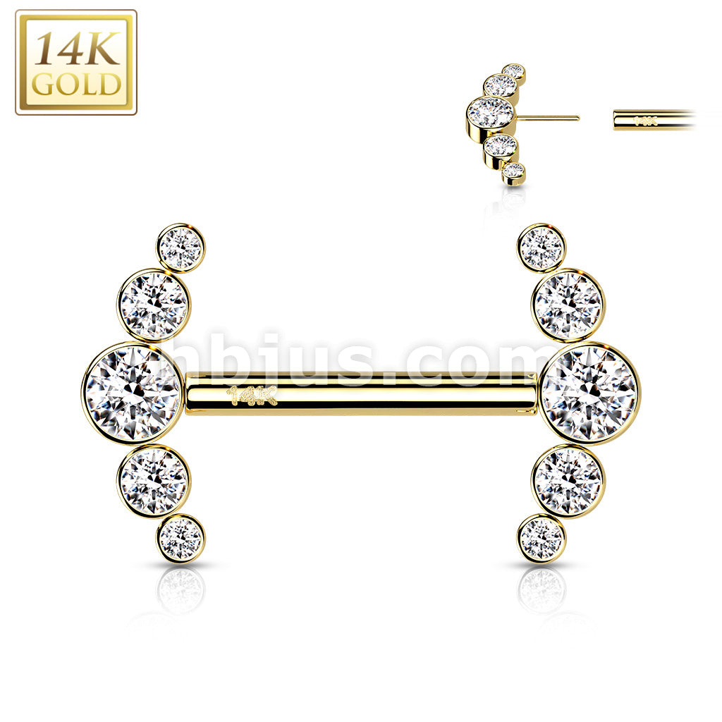 14KT  Gold 14K Gold Threadless Nipple Barbells with 5-Round CZ Bezel... - Image 4