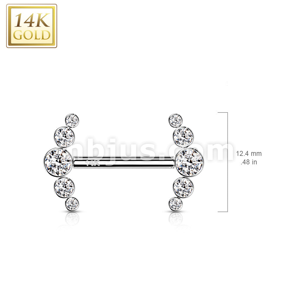 14K Gold Threadless Nipple Barbells with 5-Round CZ Bezel Set Curv Ends - Image 5