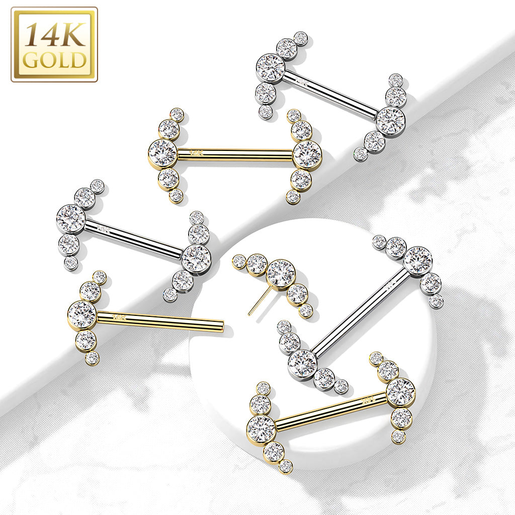 14KT Gold 14K Gold Threadless Nipple Barbells with 5-Round CZ Bezel...