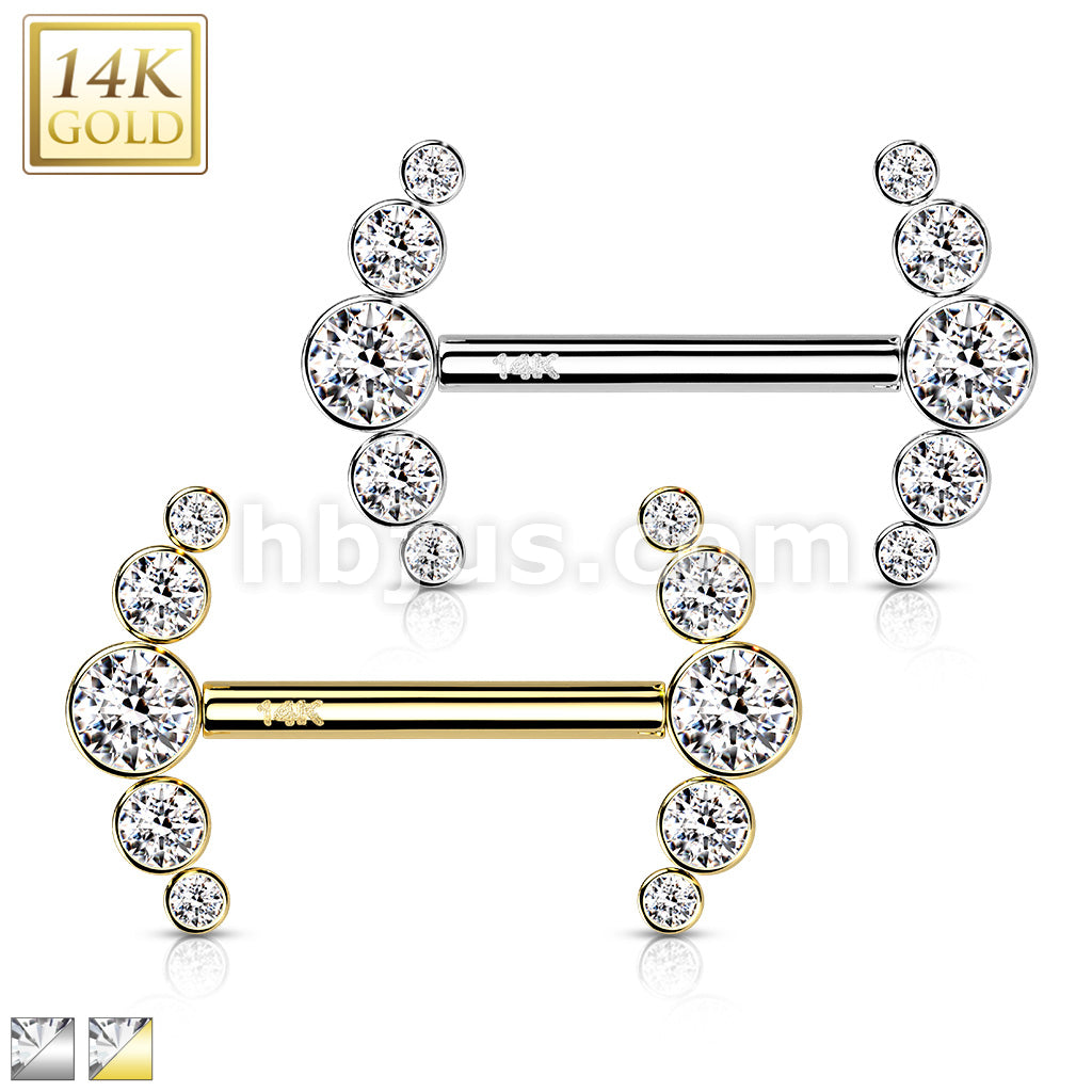 14KT  Gold 14K Gold Threadless Nipple Barbells with 5-Round CZ Bezel... - Image 2