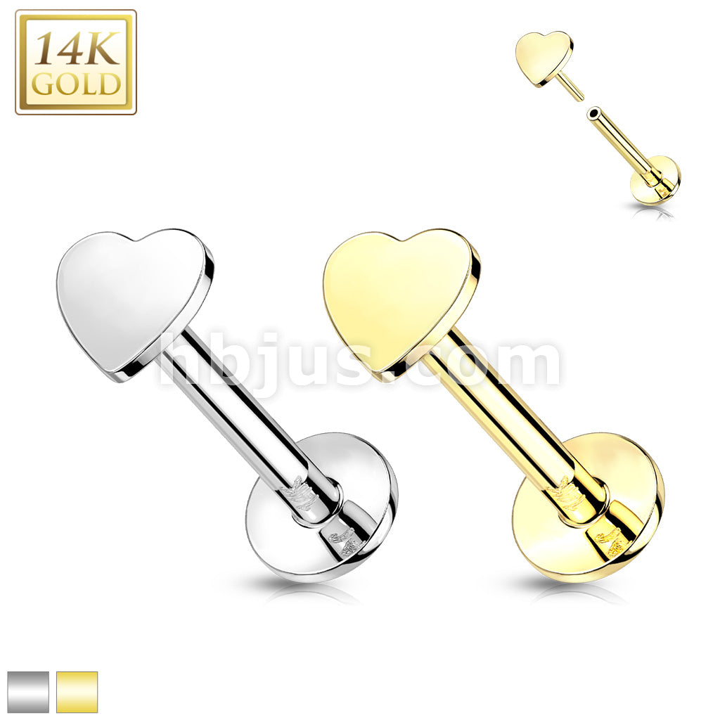 14K Gold Threadless Push-In Labret With Flat Heart Top - Image 2